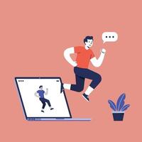 Man jumping out of laptop screen concept for online communication and digital interaction illustration vector