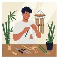 Man crafting bamboo wind chime with tools and plants in calm indoor setting illustration vector