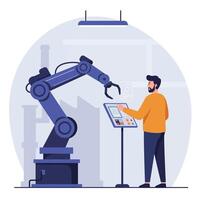 Industrial robotic arm operated by technician in factory automation and manufacturing process control system vector