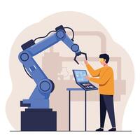 Industrial robotic arm with man controlling automation technology in factory environment illustration vector