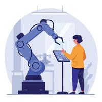 Industrial robot arm operated by technician in modern factory setting with blue and orange colors vector