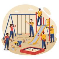 Playground construction teamwork with diverse workers building slide and swings in sunny outdoor scene illustration vector