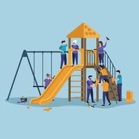 Playground construction teamwork with people assembling play structure and slide illustration vector