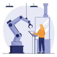 Industrial robotic arm operated by worker with touchscreen control panel in manufacturing environment illustration vector