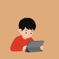 Boy in red sweater using digital tablet for entertainment or learning illustration vector