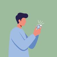 Man using smartphone with notification alert in casual blue shirt on green background illustration vector