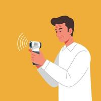 Man using handheld device for temperature measurement in white shirt with orange background illustration vector