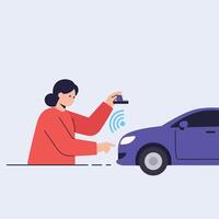 Woman using remote key fob to unlock blue car with wireless signal illustration vector