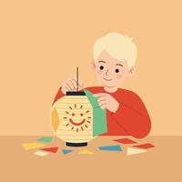 Child crafting colorful paper lantern with smiling sun design on beige background illustration vector