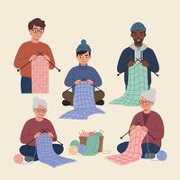 Diverse group of people knitting scarves and blankets in cozy indoor setting with colorful yarn and needles vector