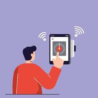Man Using Smartwatch with Heart Rate Monitor and Wireless Connection Illustration in Flat Design vector