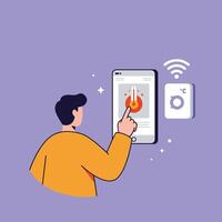 Person Using Smart Thermostat Mobile App for Home Temperature Control with Purple Background and Orange Clothing Illustration vector
