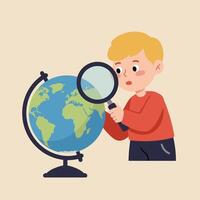 Young boy examining globe with magnifying glass discovering world geography learning concepts illustration vector