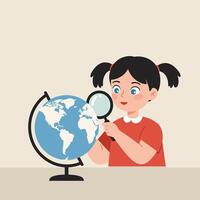 Girl examining globe with magnifying glass learning geography and world map education concept vector