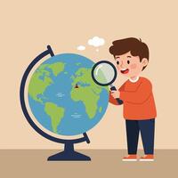 Boy exploring world globe with magnifying glass learning geography and continents educational activity illustration vector