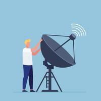 Man adjusting satellite dish antenna for signal transmission in illustration with blue background vector