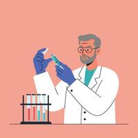 Scientist preparing syringe with vaccine in laboratory setting illustration with test tubes and lab coat vector