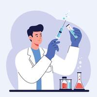 Scientist conducting experiment with syringe and test tube in laboratory environment illustration vector