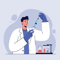 Scientist preparing syringe for laboratory experiment with test tubes and chemical flasks illustration vector