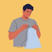 Man sewing fabric with needle and thread illustration in simple style for craft and hobby design vector