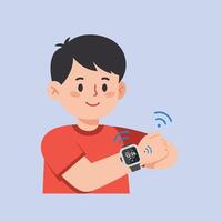 Boy wearing red shirt checking smartwatch on wrist with digital time display and wireless signals illustration vector