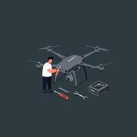 Man Repairing Large Drone with Tools and Equipment on Dark Background Illustration vector