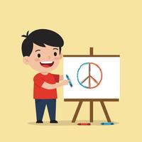 Boy drawing colorful peace symbol on easel with crayons in cheerful classroom setting illustration vector