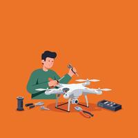 Man repairing white drone with tools on orange background illustration vector