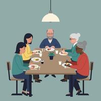 Diverse elderly people enjoying meal together at dining table in cozy home setting with modern lamp above illustration vector