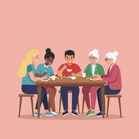 Diverse group of people enjoying meal together at dining table in casual setting illustration vector