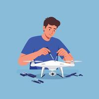 Man assembling white drone with propellers and tools on blue background illustration vector
