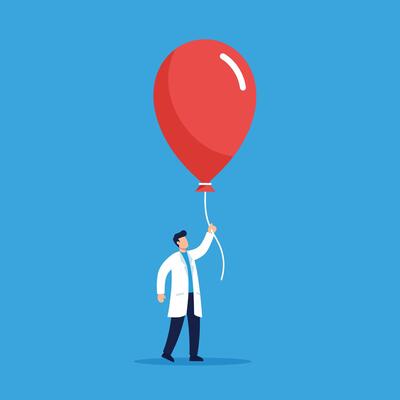 Man in white coat holding large red balloon on blue background illustration