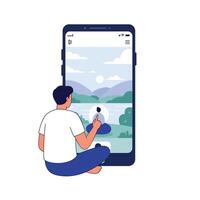 Man using smartphone app for nature landscape image viewing and interaction in digital environment illustration vector