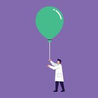Man in white coat holding large green balloon on purple background simple illustration vector