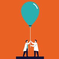 Two scientists holding large teal balloon in laboratory setting with orange background illustration vector