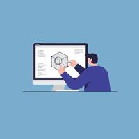 Man working on 3D modeling design using computer software in modern office environment illustration vector