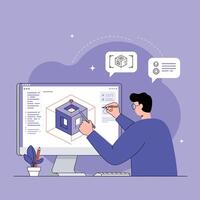 3D modeling software user designing geometric cube on computer screen with purple background illustration vector
