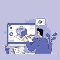 Designer working on 3D cube model with computer software in blue tones illustration vector