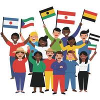 Diverse group of people holding various country flags celebrating global unity and multiculturalism illustration vector