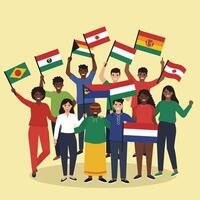Diverse group of people holding various international flags celebrating unity and multiculturalism in a colorful illustration vector