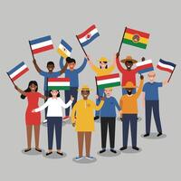 Diverse group of people holding various international flags celebrating unity and multiculturalism in a colorful flat illustration vector