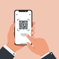 Hands holding smartphone scanning QR code with finger touching screen illustration in flat style vector