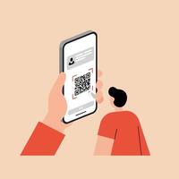 Smartphone scanning QR code with man in red shirt digital technology illustration vector
