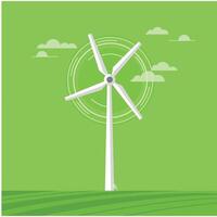 Wind turbine generating clean energy on green field with clouds and circular motion illustration vector