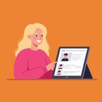 Woman using tablet device for call with friends on orange background modern digital communication illustration vector