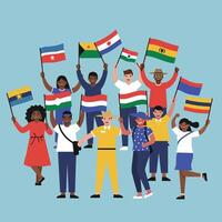 Diverse Group of People Holding Various National Flags Celebrating Unity and Multiculturalism in Illustration vector