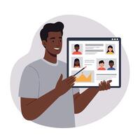 Man presenting online meeting with diverse people and data charts in digital interface illustration vector