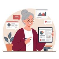 Senior woman showing digital tablet with data charts and graphs in casual burgundy sweater indoors illustration vector