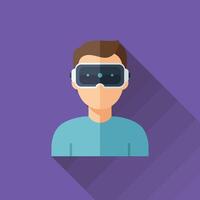 Man wearing virtual reality headset in flat style technology illustration with purple background and long shadow effect vector