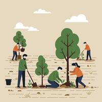 Group of people planting trees in community garden with green nature elements and cloudy sky illustration vector